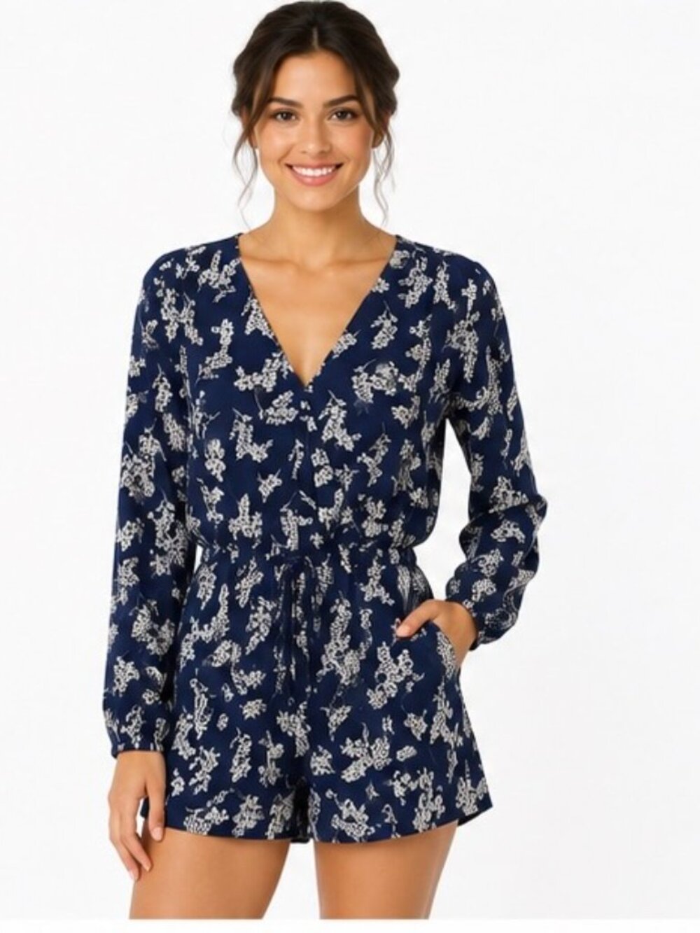 GAP Women's XXL Navy Blue White Floral Wrap Dress Long Sleeve Tie Waist Boho